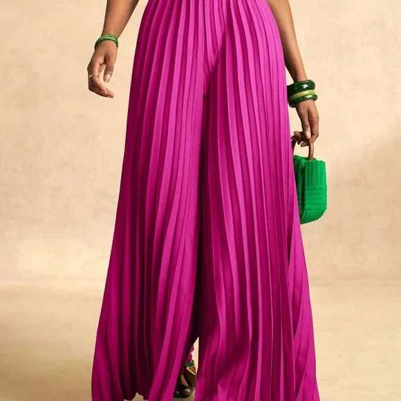 Hot Pink Casual Women's Pleated Elastic Waist Wide-Leg Pants - Picture 5 of 8